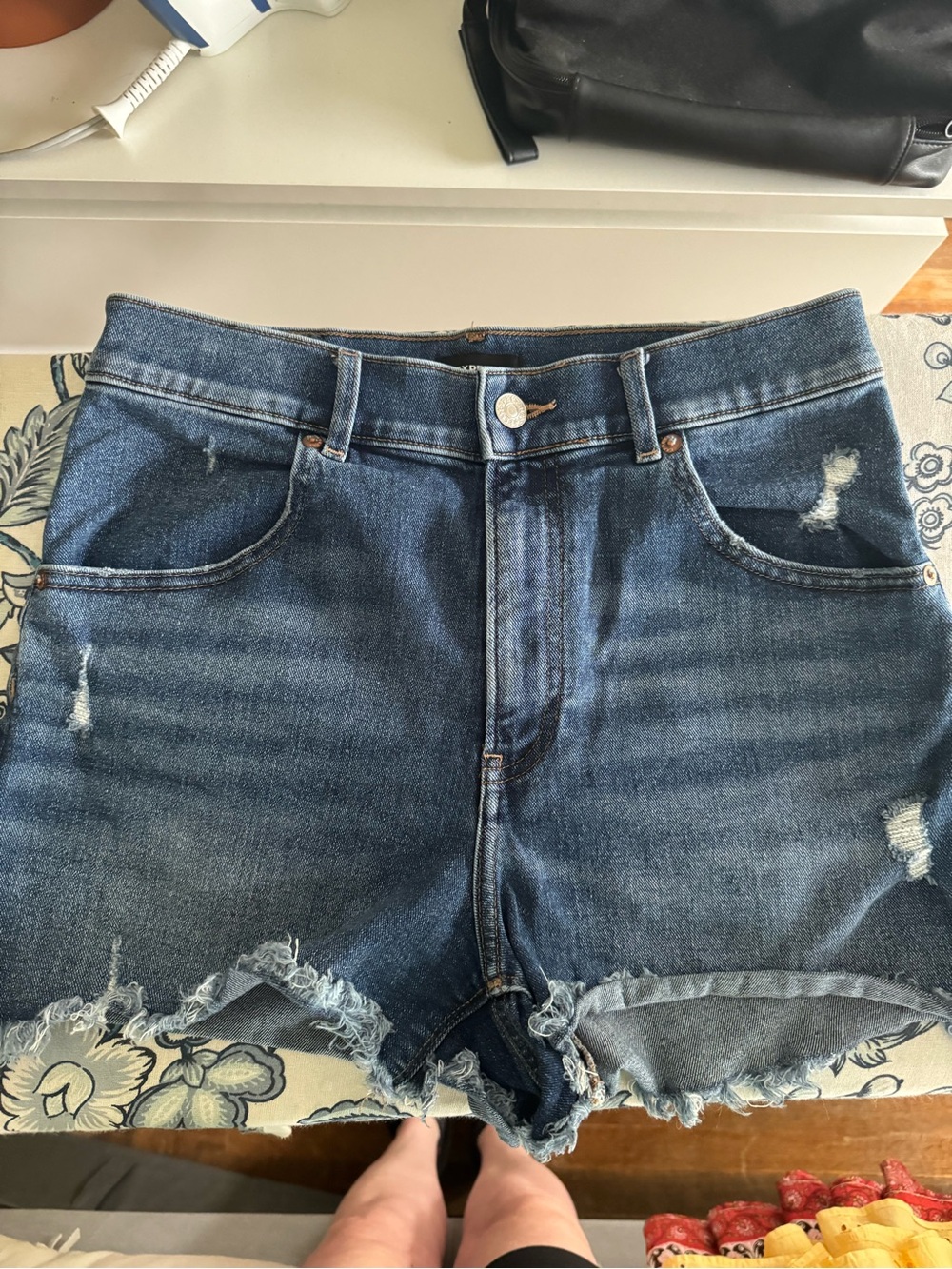 Express Dark Blue Distressed High-Waist Jean Shorts